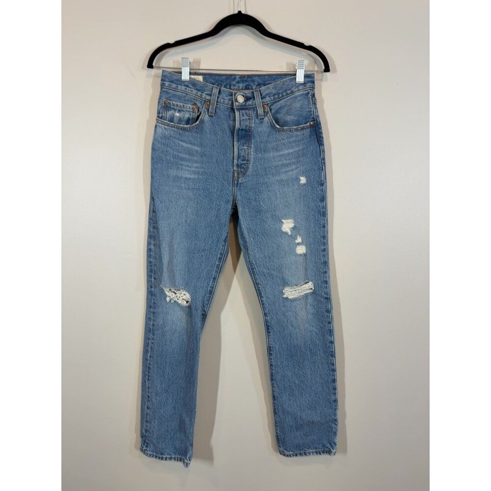 Levi's 501 Blue Denim Jeans Distressed Ripped Waist & Length‎ Estimated